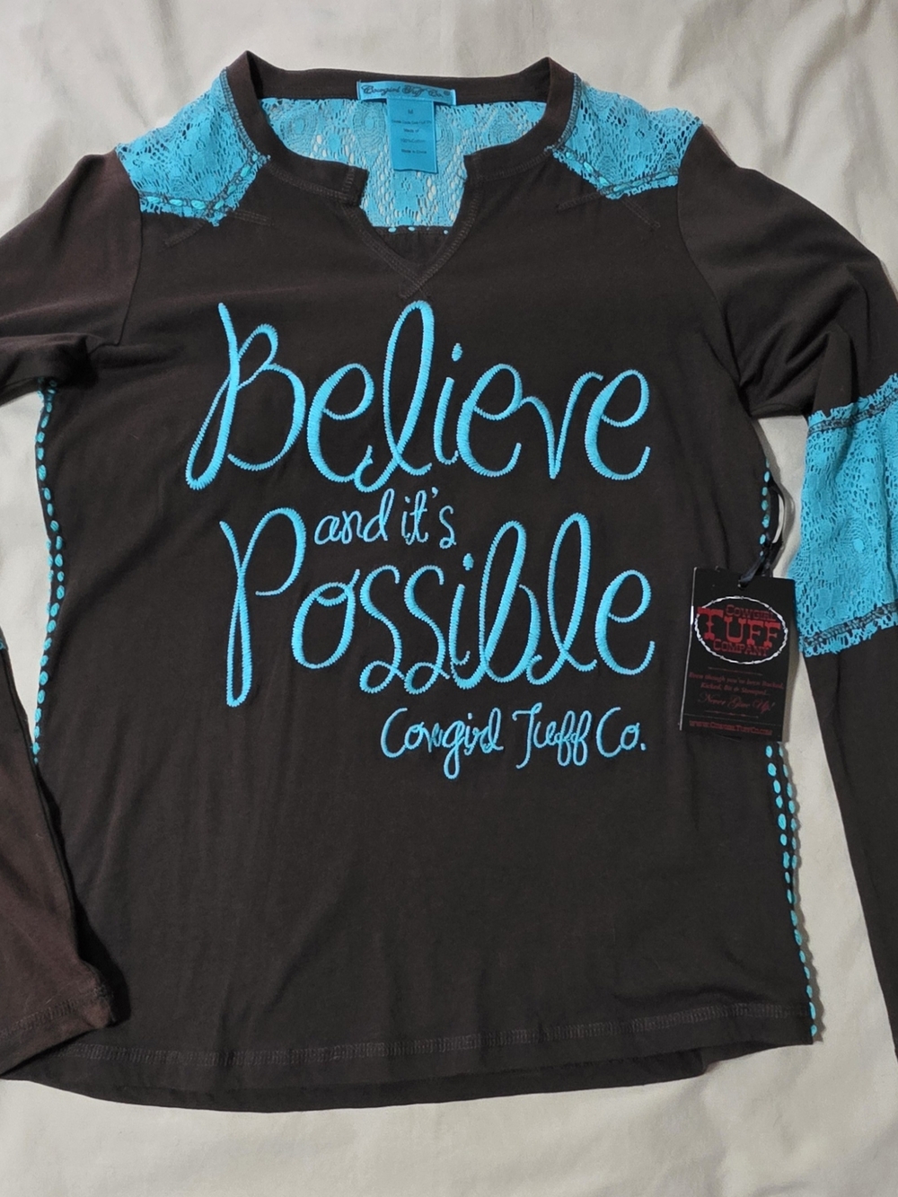 Cowgirl Tuff Brown Long Sleeve Tee with Teal Script & Lace Cut V-neckline Size M